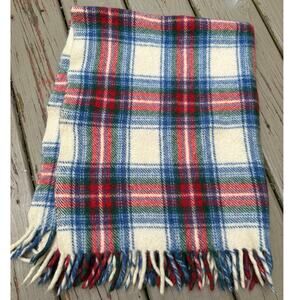Vintage Wool Tartan Plaid Throw Stadium Blanket blue red white 38x32” Fringed